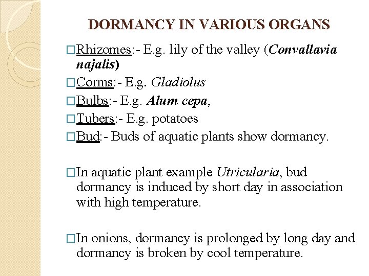 DORMANCY IN VARIOUS ORGANS �Rhizomes: - E. g. lily of the valley (Convallavia najalis)