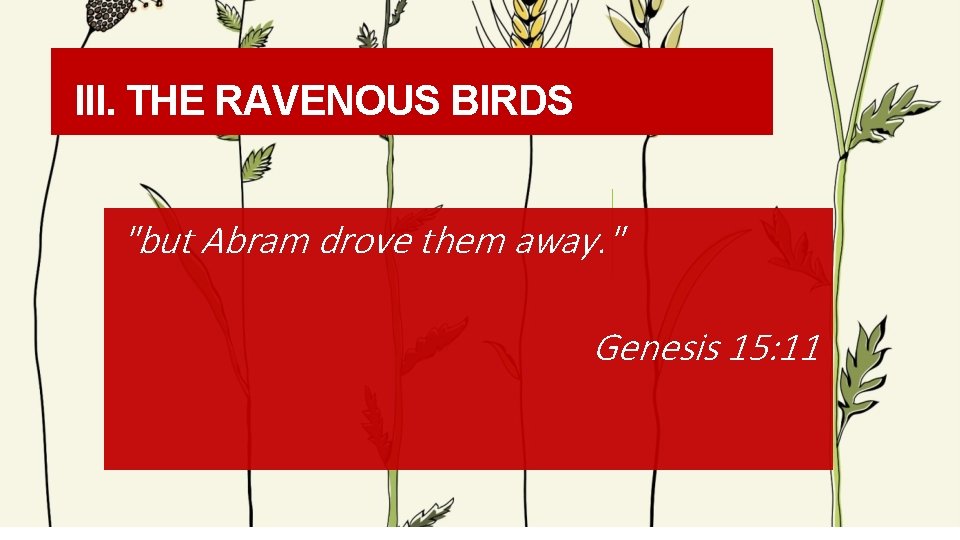 III. THE RAVENOUS BIRDS "but Abram drove them away. " Genesis 15: 11 