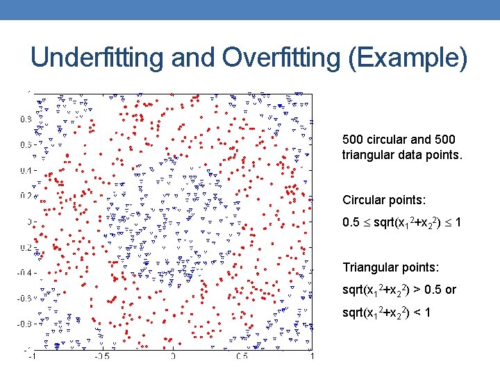 Underfitting and Overfitting (Example) 500 circular and 500 triangular data points. Circular points: 0.
