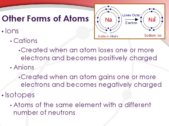 Other Forms of Atoms • Ions Cations • Created when an atom loses one
