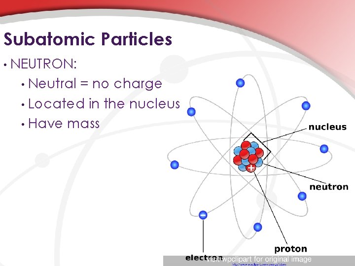 Subatomic Particles • NEUTRON: • Neutral = no charge • Located in the nucleus