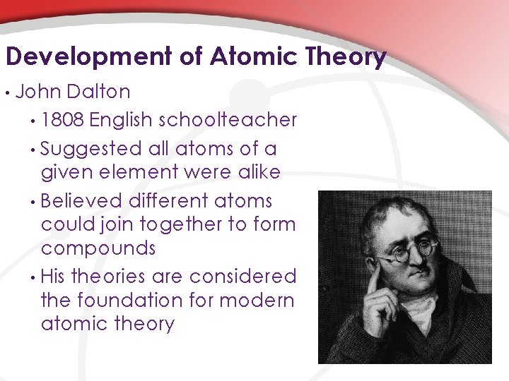 Development of Atomic Theory • John Dalton • 1808 English schoolteacher • Suggested all