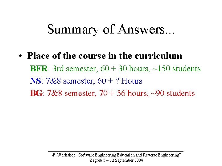 Summary of Answers. . . • Place of the course in the curriculum BER: