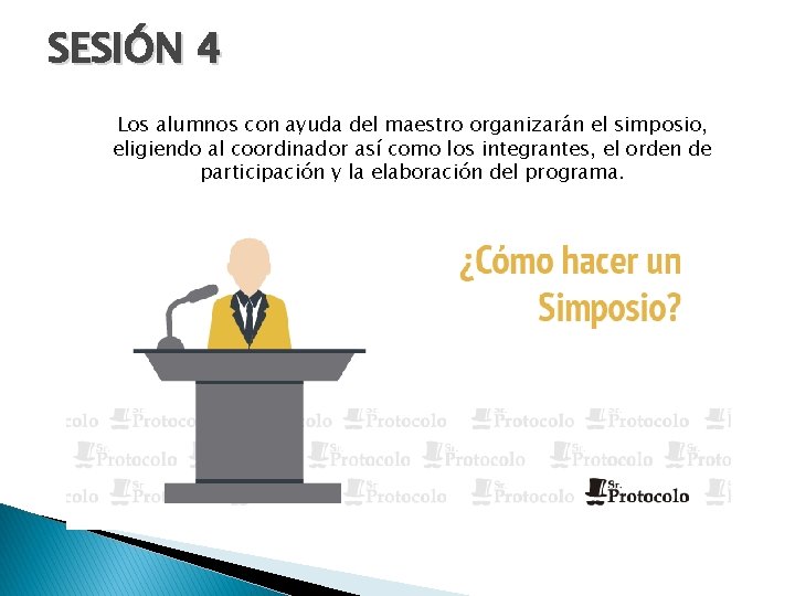 SESIÓN 4 Los alumnos con ayuda del maestro organizarán el simposio, eligiendo al coordinador