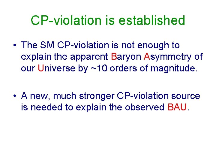 CP-violation is established • The SM CP-violation is not enough to explain the apparent