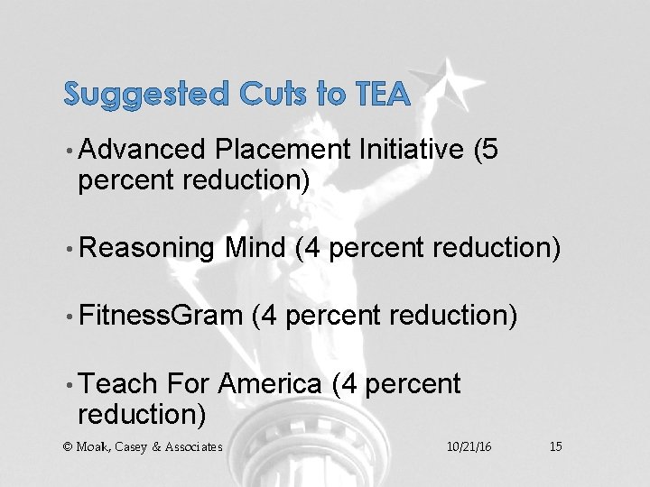 Suggested Cuts to TEA • Advanced Placement Initiative (5 percent reduction) • Reasoning Mind