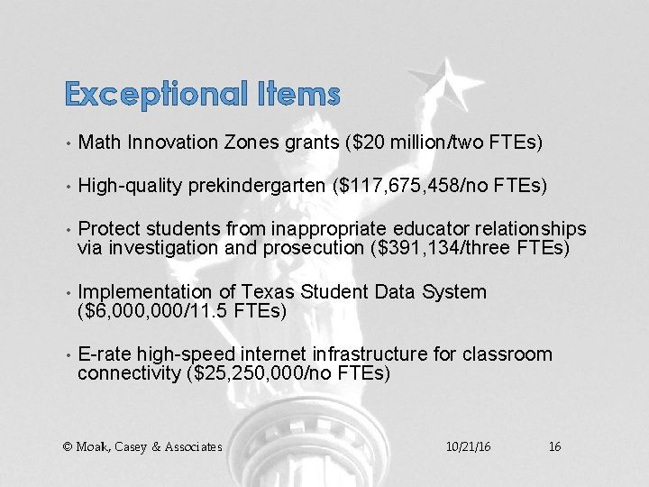 Exceptional Items • Math Innovation Zones grants ($20 million/two FTEs) • High-quality prekindergarten ($117,