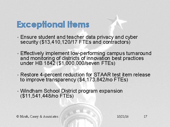Exceptional Items • Ensure student and teacher data privacy and cyber security ($13, 410,