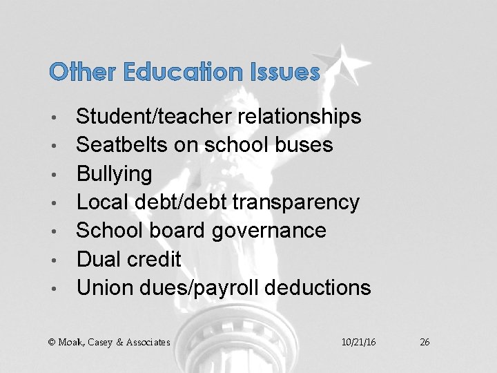 Other Education Issues • • Student/teacher relationships Seatbelts on school buses Bullying Local debt/debt