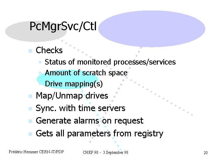 Pc. Mgr. Svc/Ctl n Checks • Status of monitored processes/services • Amount of scratch