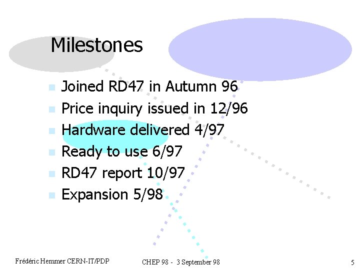 Milestones n n n Joined RD 47 in Autumn 96 Price inquiry issued in