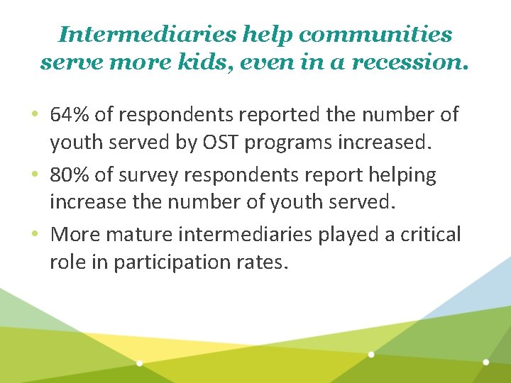Intermediaries help communities serve more kids, even in a recession. • 64% of respondents