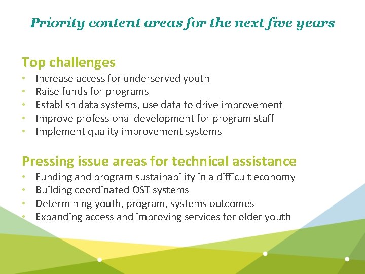 Priority content areas for the next five years Top challenges • • • Increase