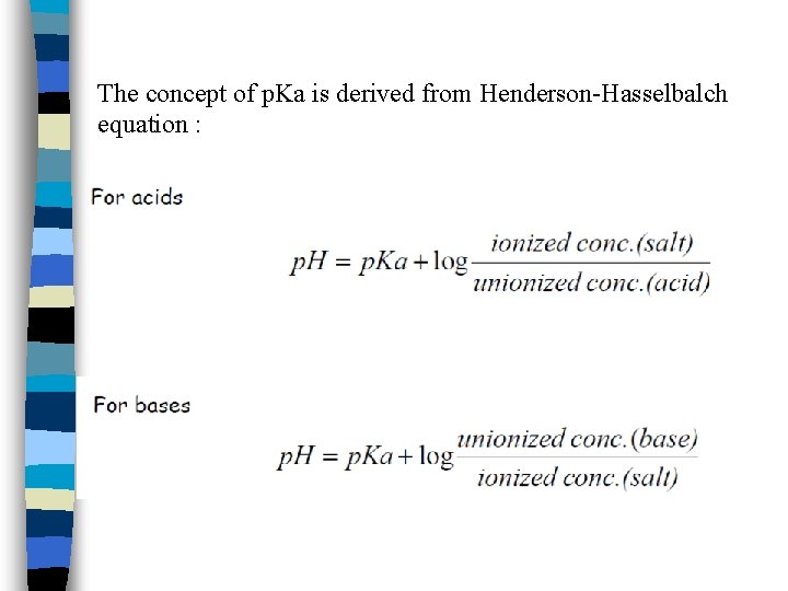 The concept of p. Ka is derived from Henderson-Hasselbalch equation : 