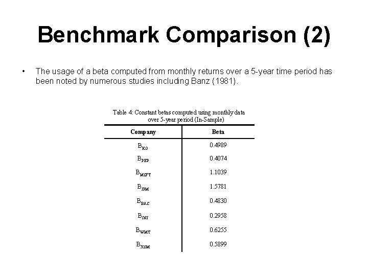 Benchmark Comparison (2) • The usage of a beta computed from monthly returns over