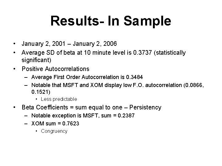 Results- In Sample • January 2, 2001 – January 2, 2006 • Average SD