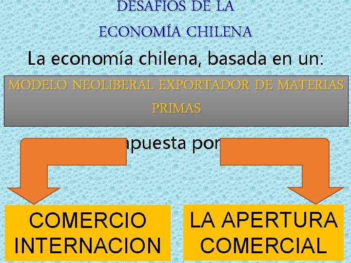 DESAFÍOS DE LA ECONOMÍA CHILENA La economía chilena, basada en un: MODELO NEOLIBERAL EXPORTADOR