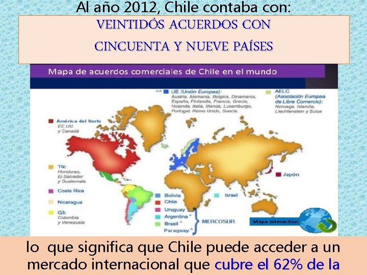 Al año 2012, Chile contaba con: VEINTIDÓS ACUERDOS CON CINCUENTA Y NUEVE PAÍSES lo