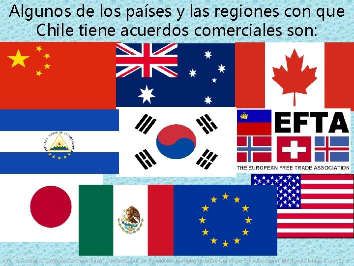 Algunos de los países y las regiones con que Chile tiene acuerdos comerciales son: