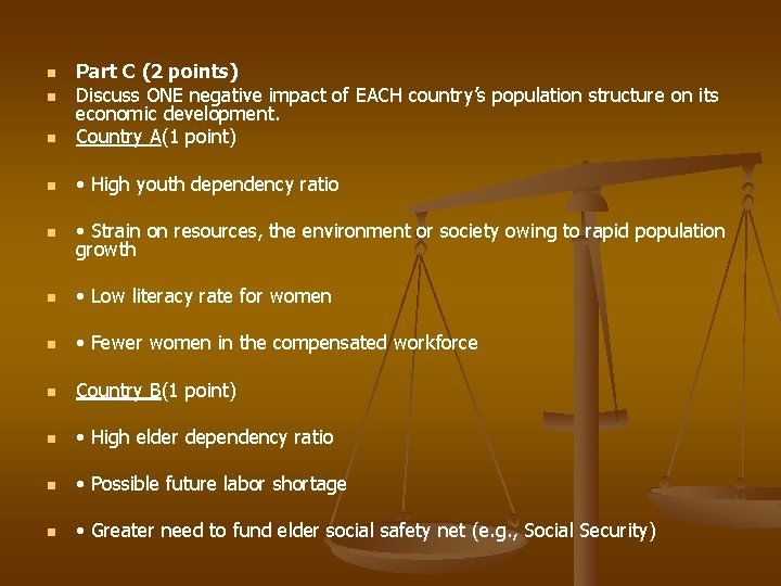 n Part C (2 points) Discuss ONE negative impact of EACH country’s population structure
