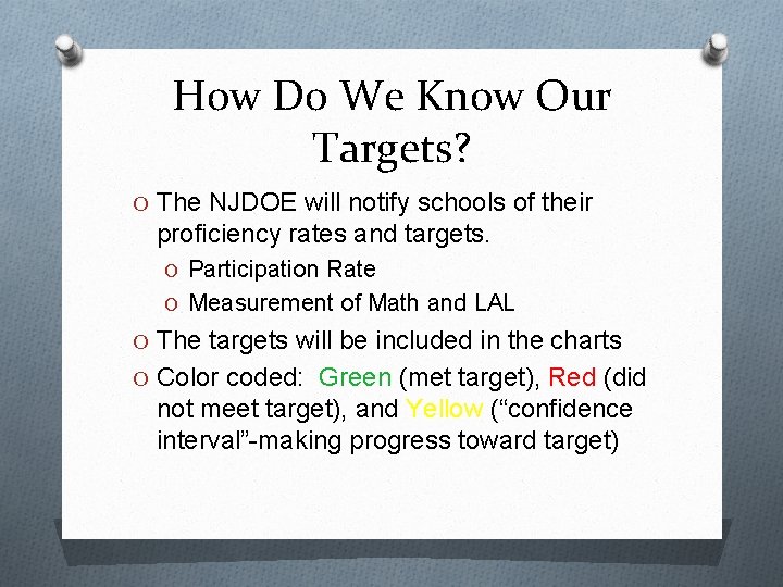 How Do We Know Our Targets? O The NJDOE will notify schools of their