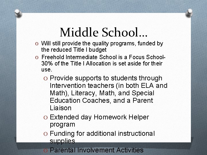 Middle School… O Will still provide the quality programs, funded by the reduced Title