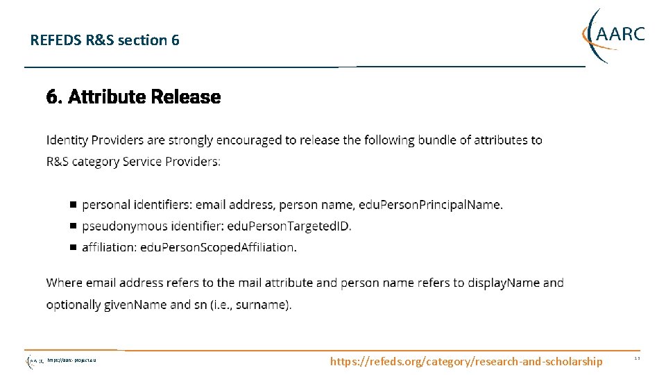 REFEDS R&S section 6 https: //aarc-project. eu https: //refeds. org/category/research-and-scholarship 13 