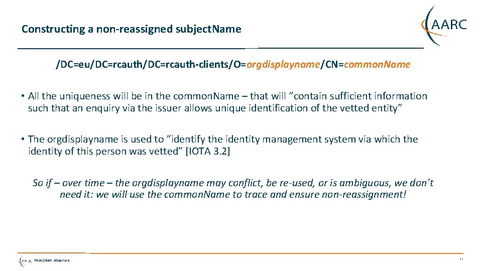 Constructing a non-reassigned subject. Name /DC=eu/DC=rcauth-clients/O=orgdisplayname/CN=common. Name • All the uniqueness will be in