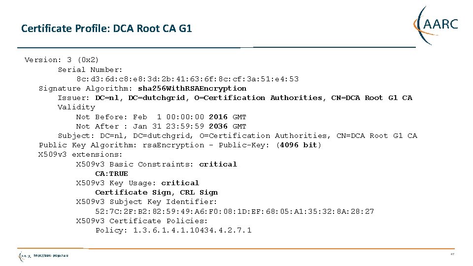 Certificate Profile: DCA Root CA G 1 Version: 3 (0 x 2) Serial Number: