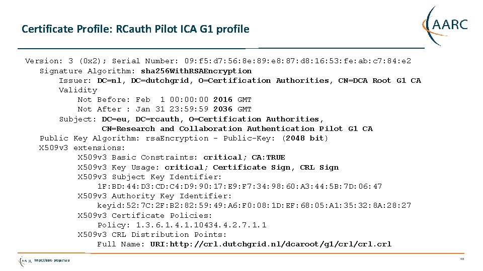 Certificate Profile: RCauth Pilot ICA G 1 profile Version: 3 (0 x 2); Serial
