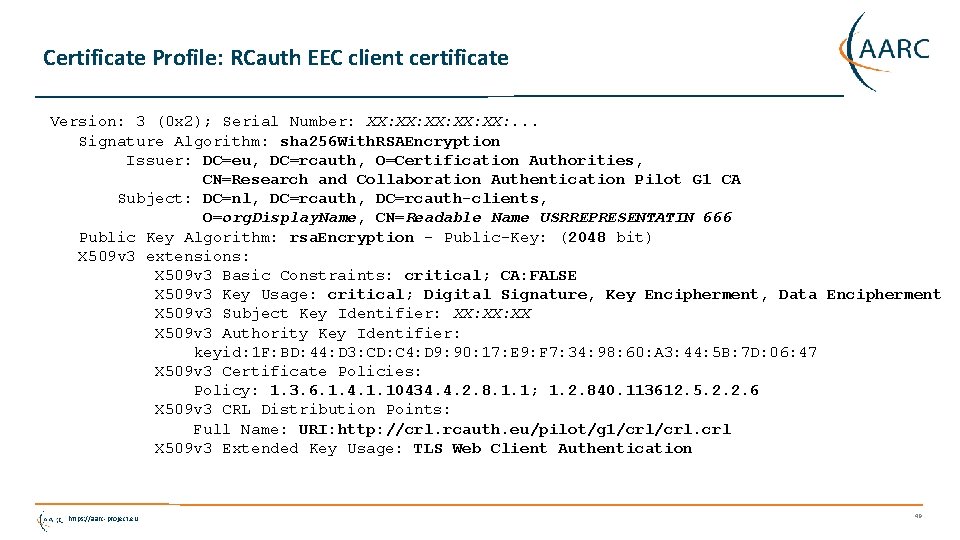 Certificate Profile: RCauth EEC client certificate Version: 3 (0 x 2); Serial Number: XX: