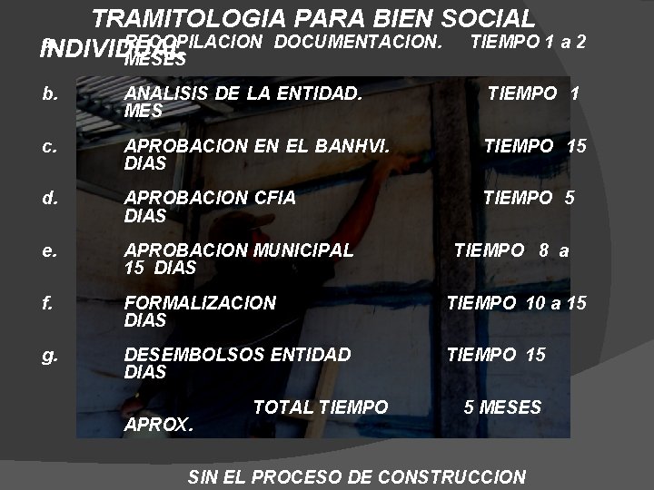 TRAMITOLOGIA PARA BIEN SOCIAL a. RECOPILACION DOCUMENTACION. TIEMPO 1 a 2 INDIVIDUAL MESES b.