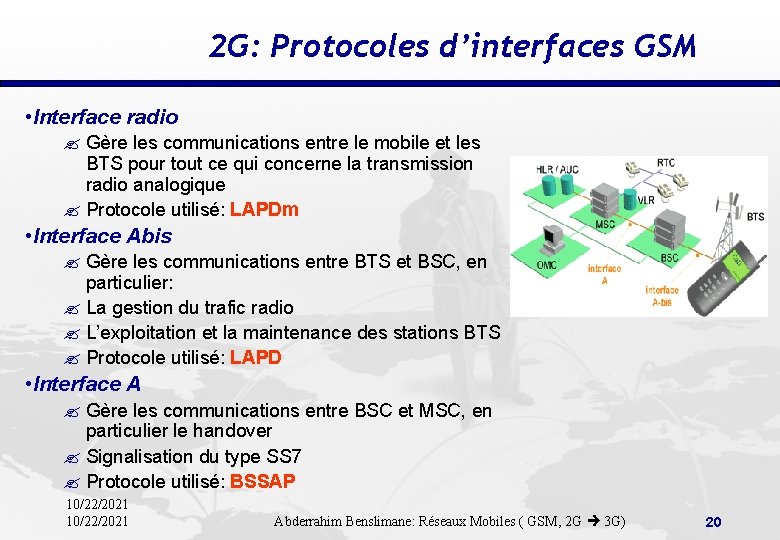 2 G: Protocoles d’interfaces GSM • Interface radio ? Gère les communications entre le