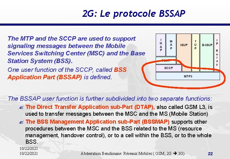 2 G: Le protocole BSSAP The MTP and the SCCP are used to support