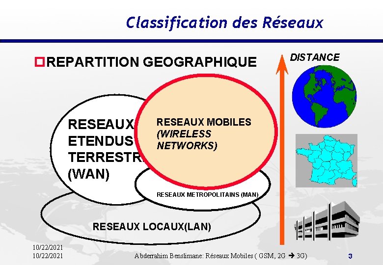 Classification des Réseaux p. REPARTITION GEOGRAPHIQUE DISTANCE RESEAUX MOBILES RESEAUX (WIRELESS ETENDUS NETWORKS) TERRESTRES