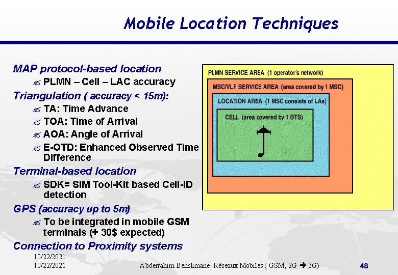 Mobile Location Techniques MAP protocol-based location ? PLMN – Cell – LAC accuracy Triangulation