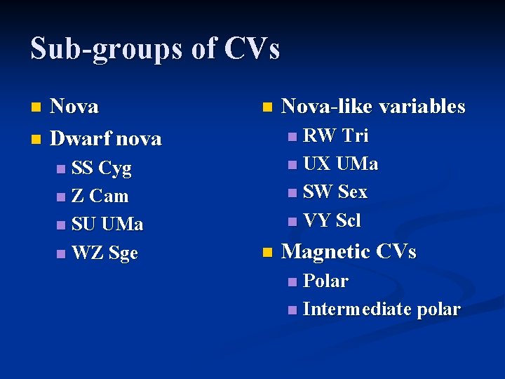 Sub-groups of CVs Nova n Dwarf nova n SS Cyg n Z Cam n