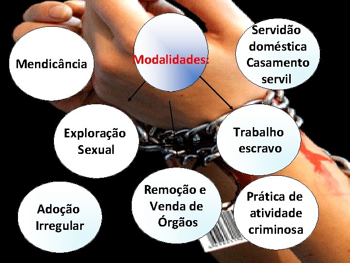 Mendicância Modalidades: Trabalho escravo Exploração Sexual Adoção Irregular Servidão doméstica Casamento servil Remoção e