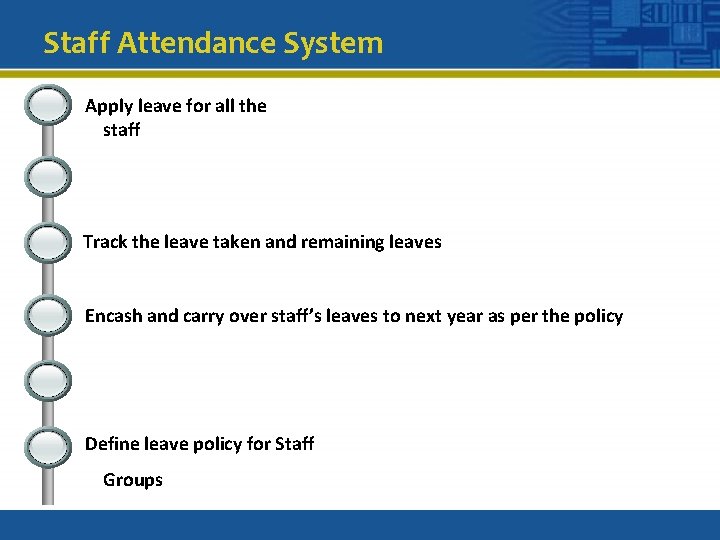 Staff Attendance System Apply leave for all the staff Track the leave taken and