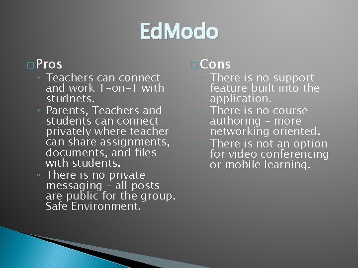 Ed. Modo � Pros ◦ Teachers can connect and work 1 -on-1 with studnets.