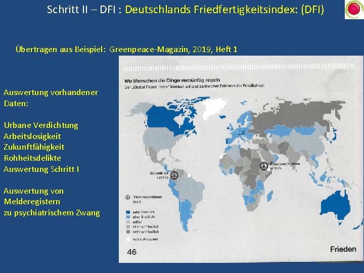 Schritt II – DFI : Deutschlands Friedfertigkeitsindex: (DFI) Übertragen aus Beispiel: Greenpeace-Magazin, 2019, Heft