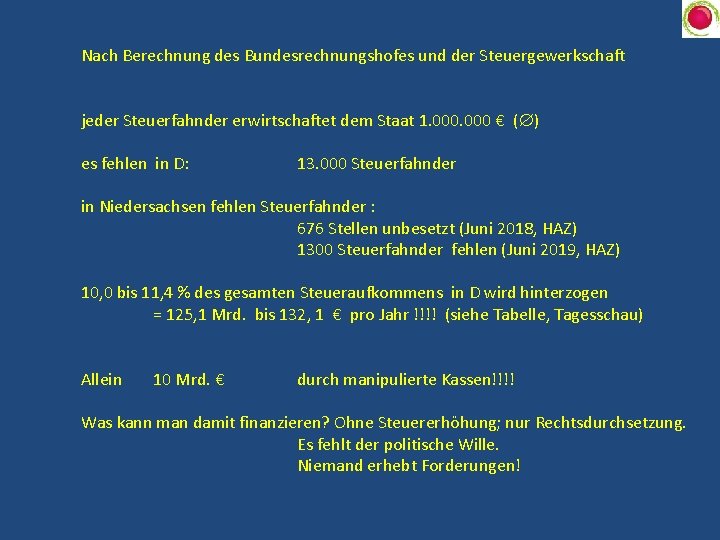 Nach Berechnung des Bundesrechnungshofes und der Steuergewerkschaft jeder Steuerfahnder erwirtschaftet dem Staat 1. 000