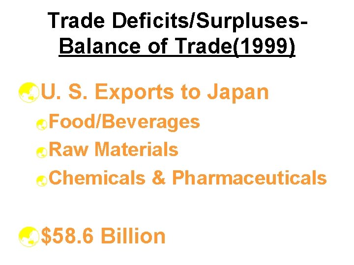 Trade Deficits/Surpluses. Balance of Trade(1999) ýU. S. Exports to Japan Food/Beverages ýRaw Materials ýChemicals