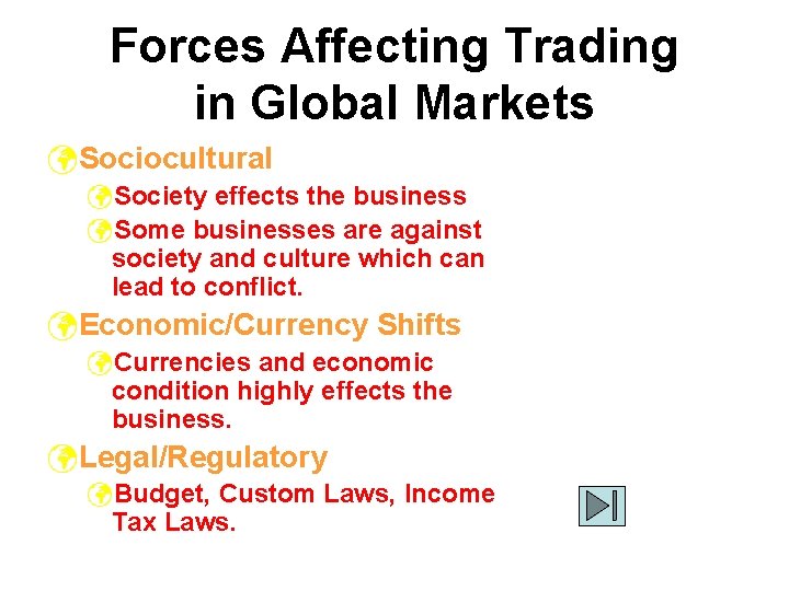 Forces Affecting Trading in Global Markets üSociocultural üSociety effects the business üSome businesses are