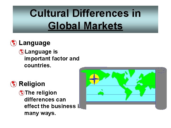 Cultural Differences in Global Markets þ Language þLanguage is important factor and countries. þ