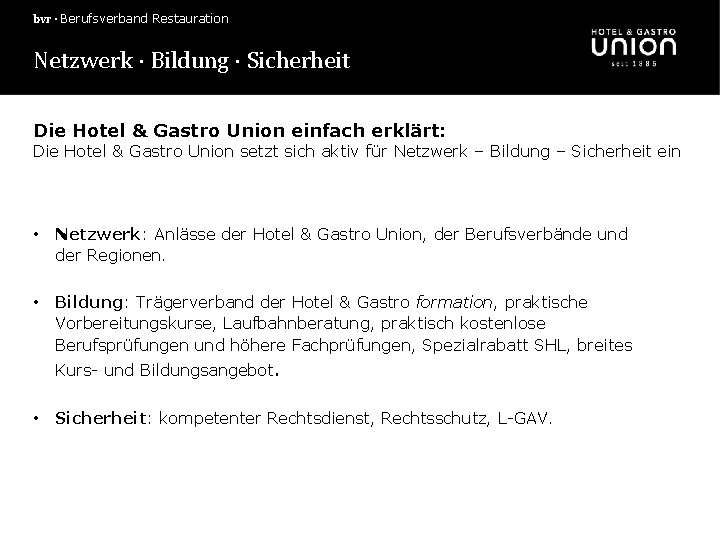 bvr · Berufsverband Restauration Netzwerk · Bildung · Sicherheit Die Hotel & Gastro Union
