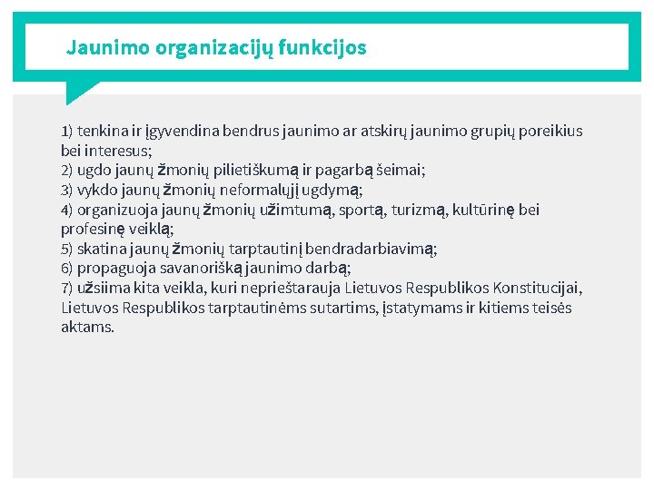 Jaunimo organizacijų funkcijos 1) tenkina ir įgyvendina bendrus jaunimo ar atskirų jaunimo grupių poreikius