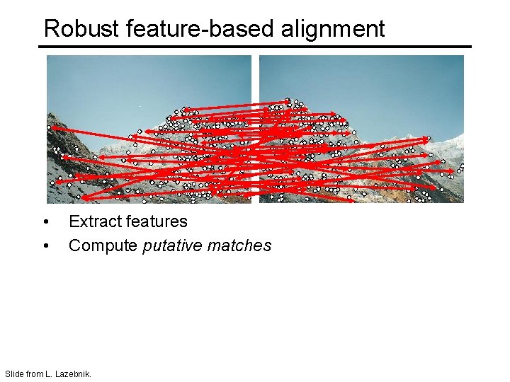 Robust feature-based alignment • • Extract features Compute putative matches Slide from L. Lazebnik.