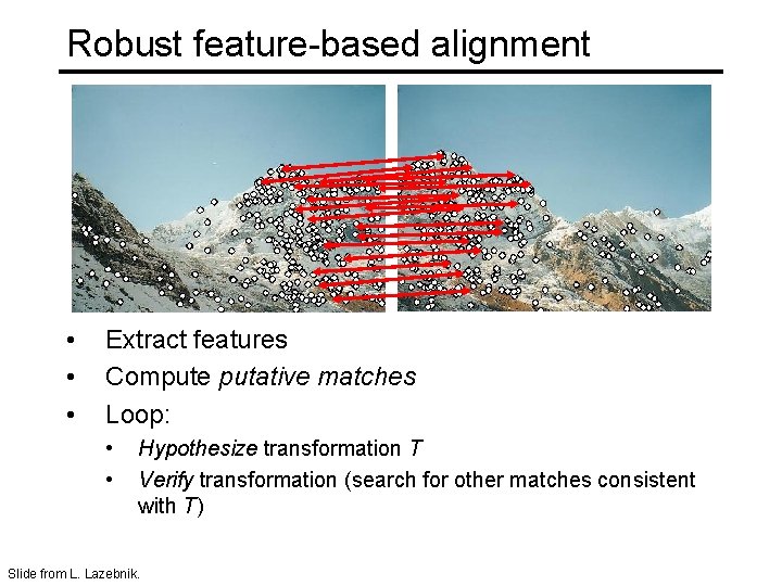 Robust feature-based alignment • • • Extract features Compute putative matches Loop: • •