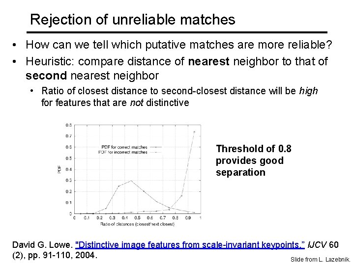 Rejection of unreliable matches • How can we tell which putative matches are more